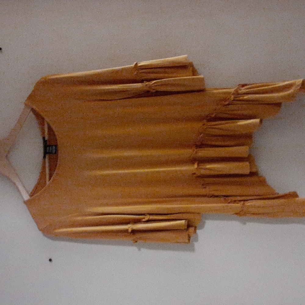 Gold peasant pullover blouse, 3/4 ruffle sleeves and bottom, rayon & spandex